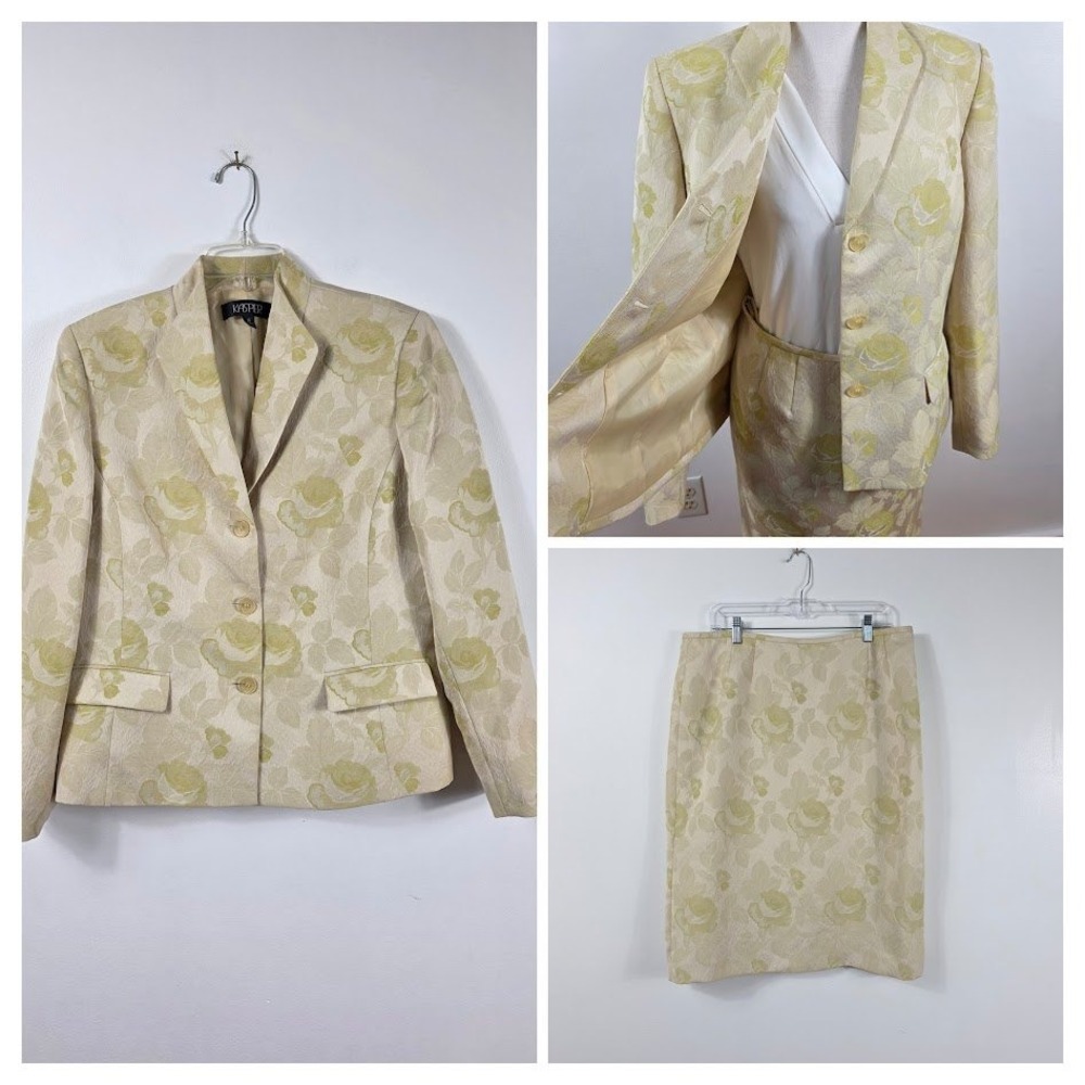 Kasper Skirt Suit Women 16 Green Floral Jacquard 2PC Garden Party Blazer Set